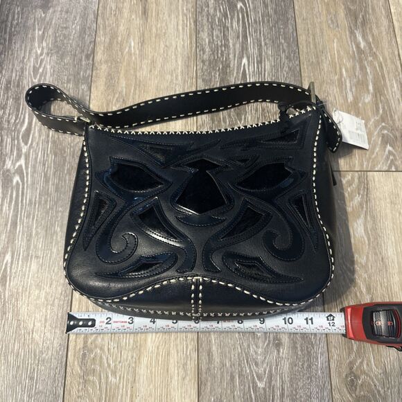 Antonio Melani Black Saffiano Leather Applique Rustic Shoulder Bag Calf Hair